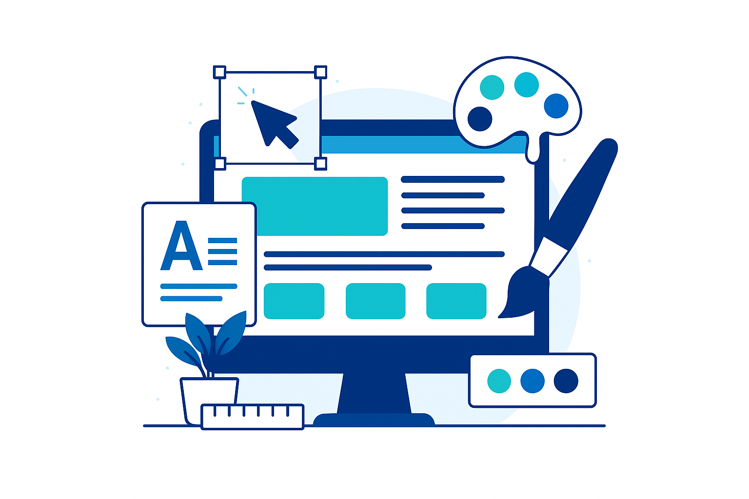 Bilgisayar ekranı ve etrafında verdiğimiz hizmetleri gösteren logolar